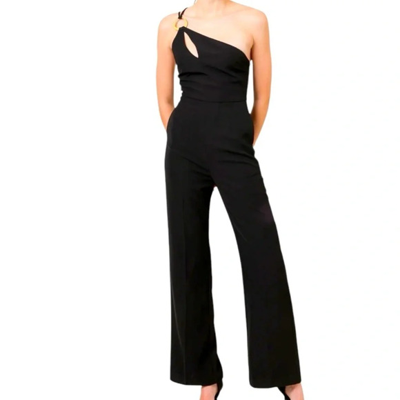 Line & Dot Vaughn Jumpsuit Black Asymmetrical Gold Placard & Straps